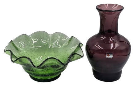 American Blenko Glass Hand Blown Green Ruffled Bowl and Purple Vase