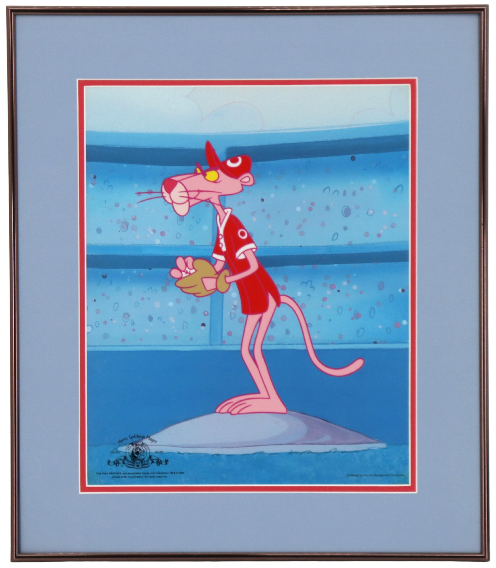 Pink Panther Baseball Sericel: Pink Panther Baseball Sericel. Depicting the Pink Panther wearing a baseball cap and shirt, ready to throw the next pitch. Metro Goldwyn Mayer Trade Mark stamp in lower left. Lower right says Publishe