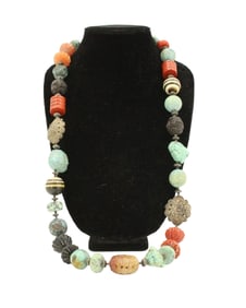 Turquoise, Coral, and Jade Beaded Necklace