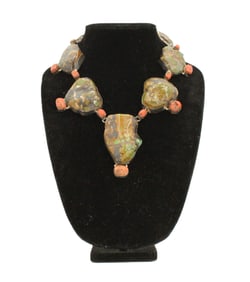 Turquoise, Coral, And Silver Necklace