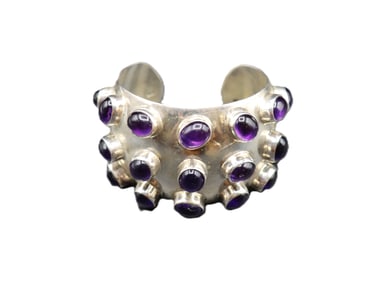 Marked 925 Sterling Silver and Cabochon Amethyst Cuff Bracelet - Gross 3.285 ozt.