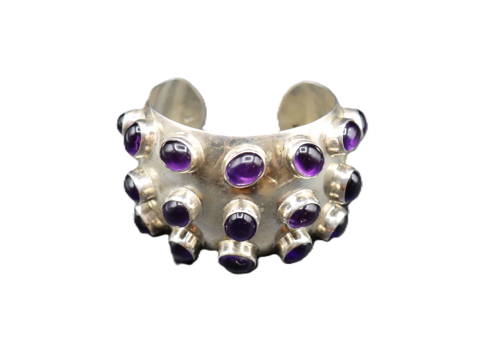 Marked 925 Sterling Silver and Cabochon Amethyst Cuff Bracelet - Gross 3.285 ozt. (1 of 9)