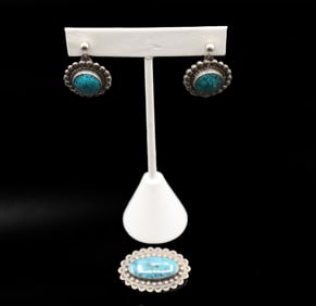 (3) Pieces- Sterling and Turquoise Earrings, Brooch - 0.610 ozt.