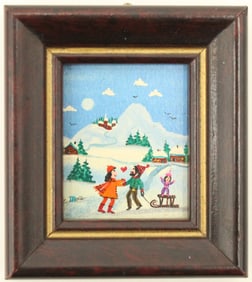 Iris Daniels (1959-2024) German, Vintage Miniature Hand-Painted Illustrated Tile, Winter Scene