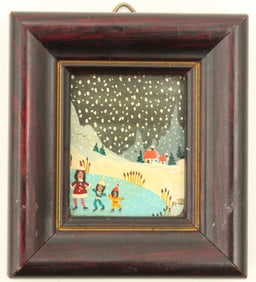 Iris Daniels (1959-2024) German, Vintage Miniature Hand-Painted Illustrated Tile, Winter Scene