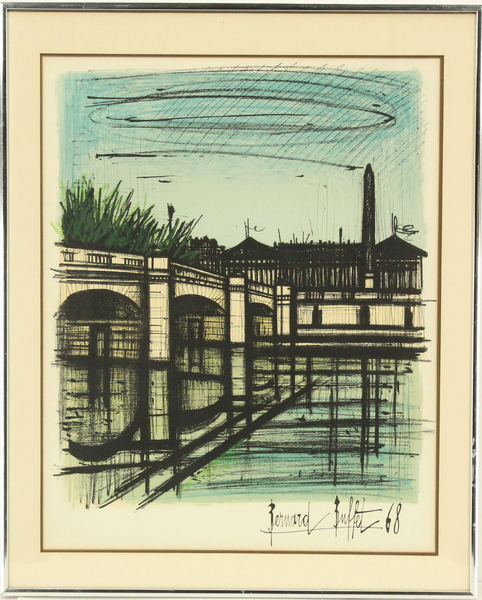 Bernard Buffet (1928-1999) French, Color Lithograph: Bernard Buffet (1928-1999) French, Color Lithograph. Depicts a bridge and riverside buildings from the water. Signed and dated '68 bottom right. Two labels on the back, one with hanging inst