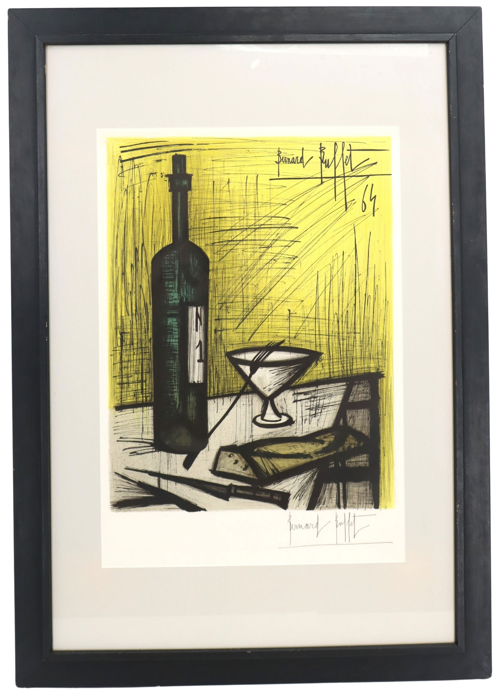 Bernard Buffet (1928-1999) French, Signed Lithograph: Bernard Buffet (1928-1999) French, Signed Lithograph. Title: "Bread and Wine." Depicts these subjects in his signature Miserabilist style. Signed and dated '65 in the print top right. Si