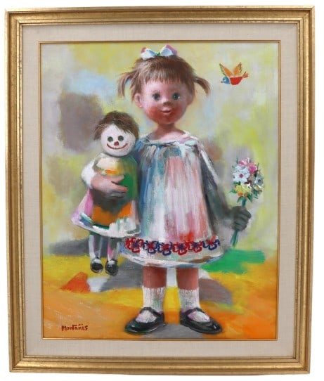 Jose Montanes (1919-1998) Spanish Oil on Canvas "Ready for the Party": Jose Montanes (1919-1998) Spanish Oil on Canvas "Ready for the Party". Signed lower left. Original label with title on the back. After serving in the Spanish Civil War and witnessing