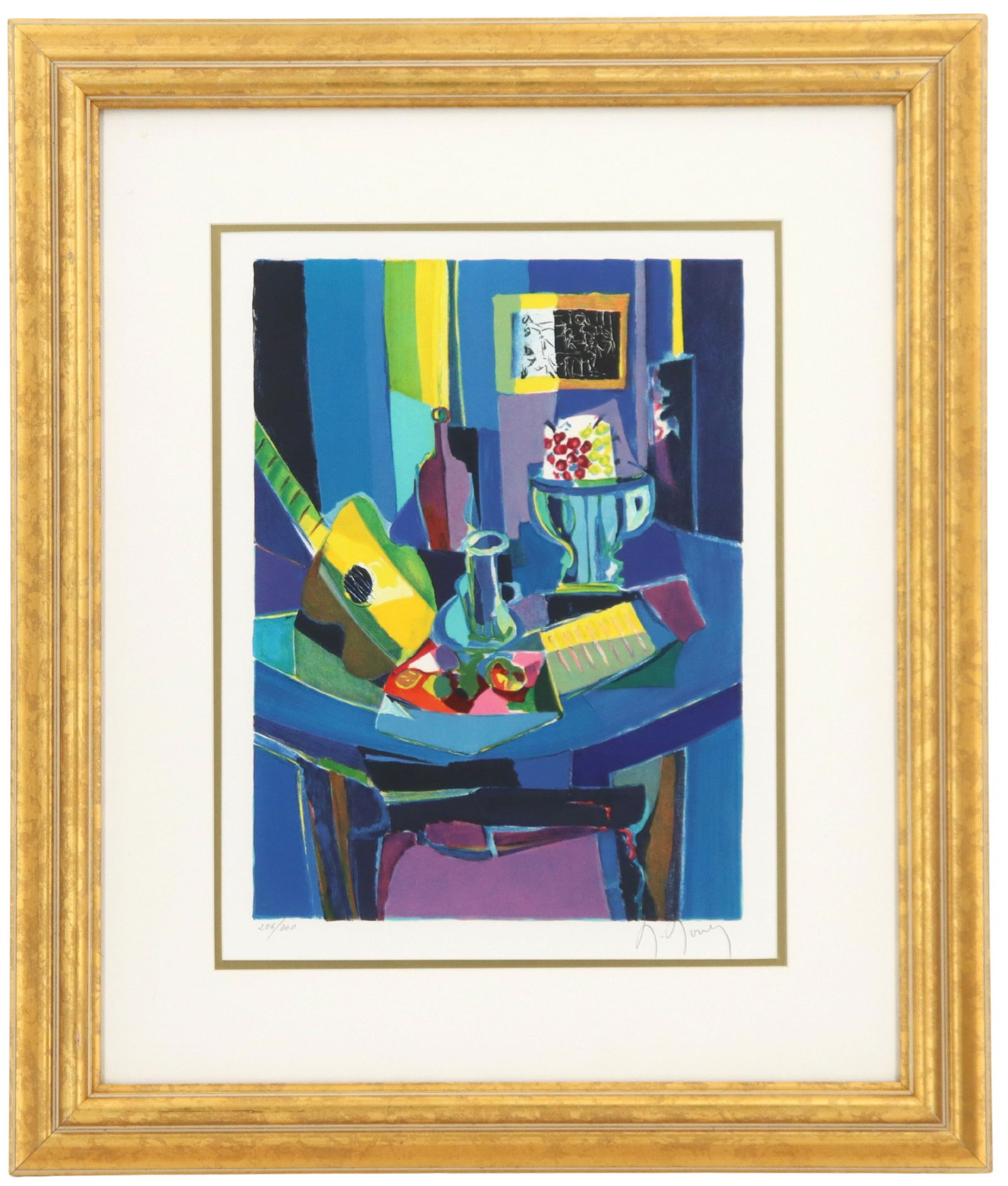 Marcel Mouly (1918-2008) French, Signed and Numbered Lithograph: Marcel Mouly (1918-2008) French, Signed and Numbered Lithograph. Abstract image of a table with a guitar, fruit, and other items on it. Signed in pencil bottom right. Numbered 206/300 in pencil bottom