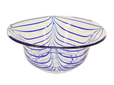 Mid Century Italian Murano Art Glass Bowl With Blue Swirls