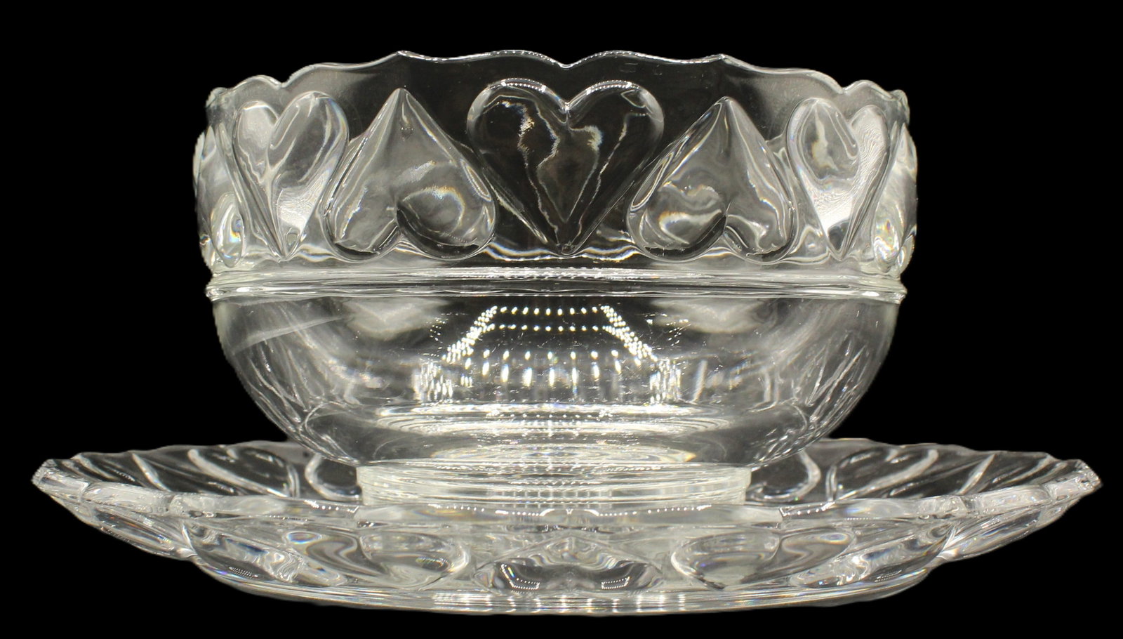 Tiffany & Co. Crystal Hearts Bowl and Charger: Tiffany & Co. Crystal Hearts Bowl and Charger. Marked on bases. Sizes: 12 x 12 x 1 in. (charger), 8 1/4 x 8 1/4 x 5 in. (bowl) #5966 . Ti