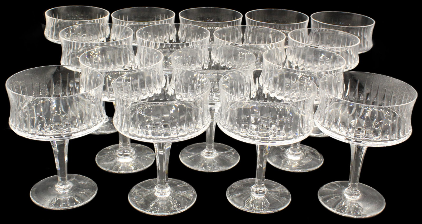 (16) Royal Doulton Sonnet Square Edged Concave Sided Coupe Cut Champagne Glasses: (16) Royal Doulton Sonnet Square Edged Concave Sided Coupe Cut Champagne Glasses. The coupe, first introduced in the 17th Century, is used primarily for pink champagnes and cocktails that utilize cham