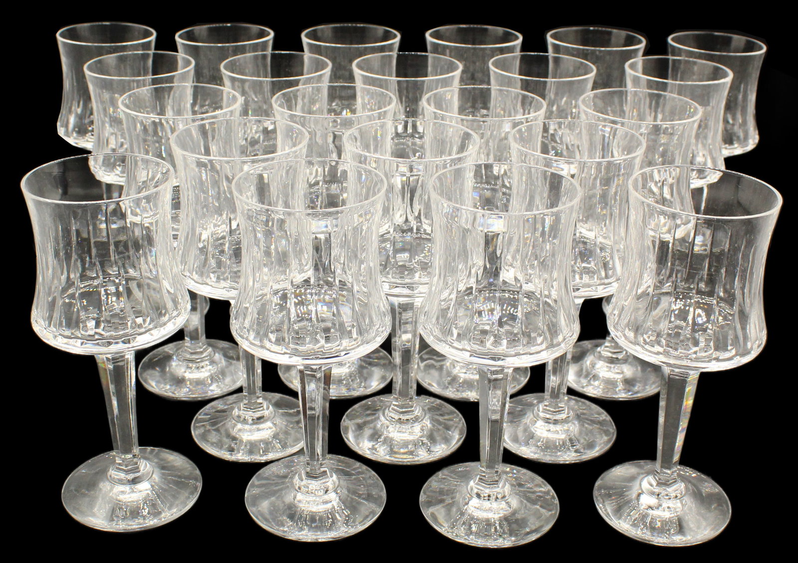 (22) Royal Doulton Sonnet Concave Sided Cut Claret Wine Glasses: (22) Royal Doulton Sonnet Concave Sided Cut Claret Wine Glasses. Designed for medium-to-full bodied wines. Marked on bases. Size: 2 3/4 x 2 3/4 x 6 in. Royal Doulton is an English cer