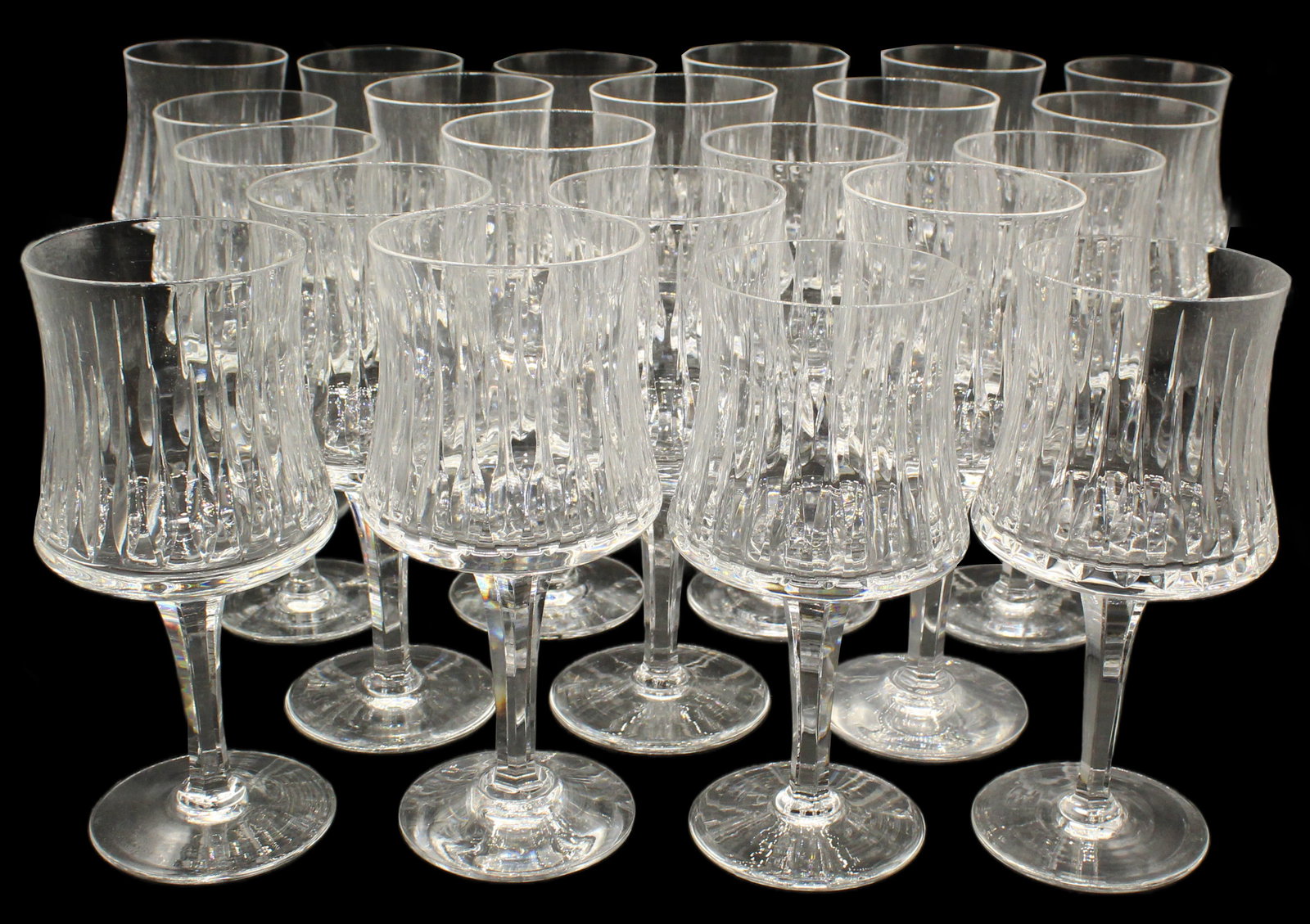 (22) Royal Doulton Sonnet Concave Sided Cut Claret Wine Glasses: (22) Royal Doulton Sonnet Concave Sided Cut Claret Wine Glasses. Designed for medium-to-full bodied wines. Marked on bases. Size: 3 1/2 x 3 1/2 x 7 in. Royal Doulton is an Engli
