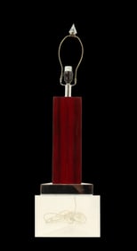 Modern Red Acrylic Angular Lamp With Clear Acrylic Triangular Base