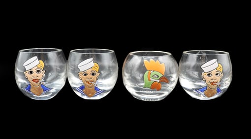 Collection of (4) Novelty Glasses Rooster & Sailor Glasses