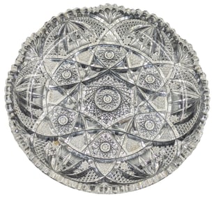Shallow Geometric Star Medallion Pattern Cut Glass Bowl