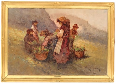 Antonio Pecoraro (Born 1938) American Oil on Canvas Painting of Young Women Gathering Vegetables in
