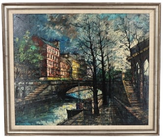 Vintage 20th Century Oil on Canvas Paris Scene in the Style of Bernard Buffet