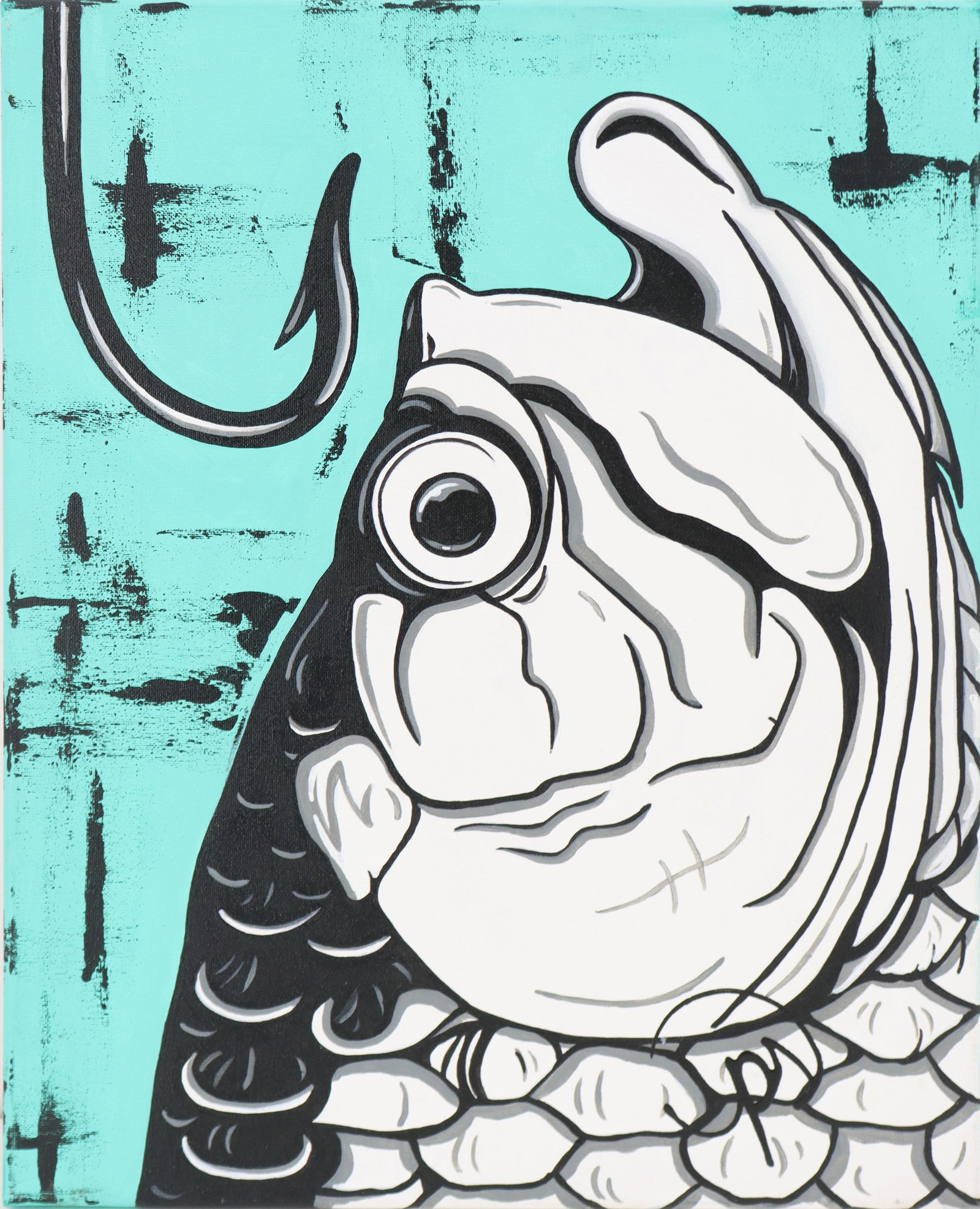 Patti Suzette (21st Century) American, Oil on Canvas Pop Art Tarpon "Off the Hook": Patti Suzette (21st Century) American, Oil on Canvas Pop Art Tarpon Fish Painting. Oil on canvas painting of a tarpon fish approaching a fish hook, rendered in bold, graphic lines with pale blue backd
