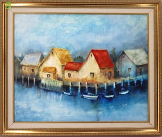 Limited Edition Framed Colorful Coastal Harbor Signed Harmon Print
