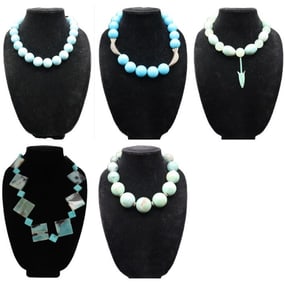 (5) Blue Beaded Necklaces