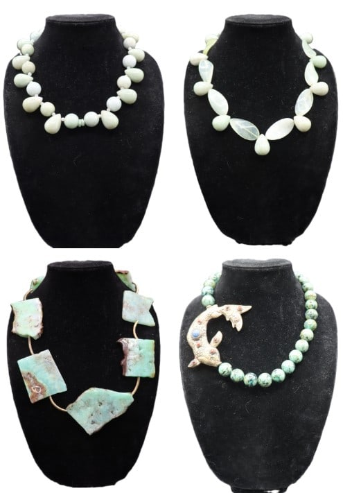 (4) Green Necklaces: Lot consists of 4 green necklaces. Necklace composed of slabs of chrysoprase. Gold toned skinny spacers. Chalcedony beaded necklace. Teardrop shaped and rounded beads. Chalcedony beaded