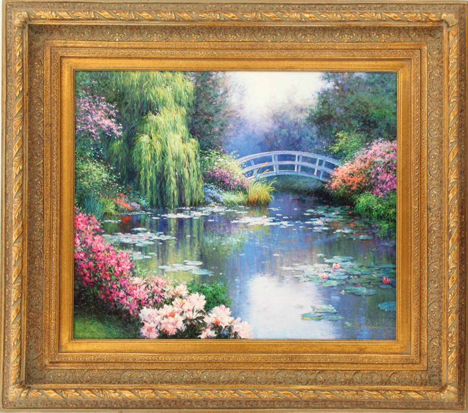 Sergon (Born 1945) Filipino/American, Mixed Media "Waterlillies": Sergon (Born 1945) Filipino/American, Mixed Media "Waterlillies". Beautiful landscape painting of a stream studded with waterlily paddies, surrounded by dense, flowering foliage. Titled and 