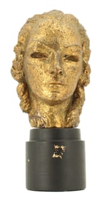 Mid 20th Century Bourgeois Style Carved Gilt Wood Mask on Round Black Base