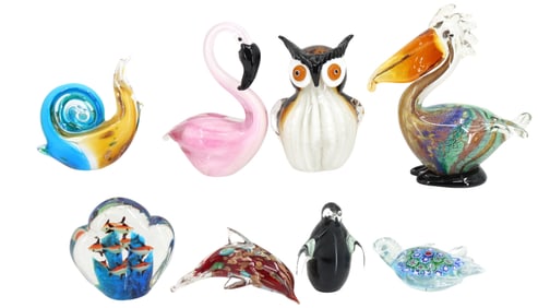 Group of 8 Small Murano Style Glass Animal Sculptures / Paperweights
