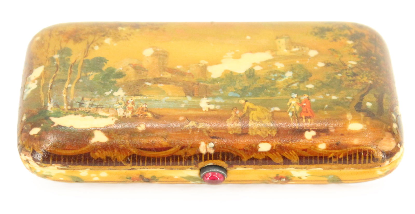 Hand Painted Bone Cigarette Case: Hand Painted Bone Cigarette Case. Small hand-painted bone cigarette box with metal hinge and small red stone on clasp. With European landscape painting on cover, large buildings visible in the distanc