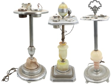 Group of 3 Art Deco Aluminum and Slag Glass Smoking Stands