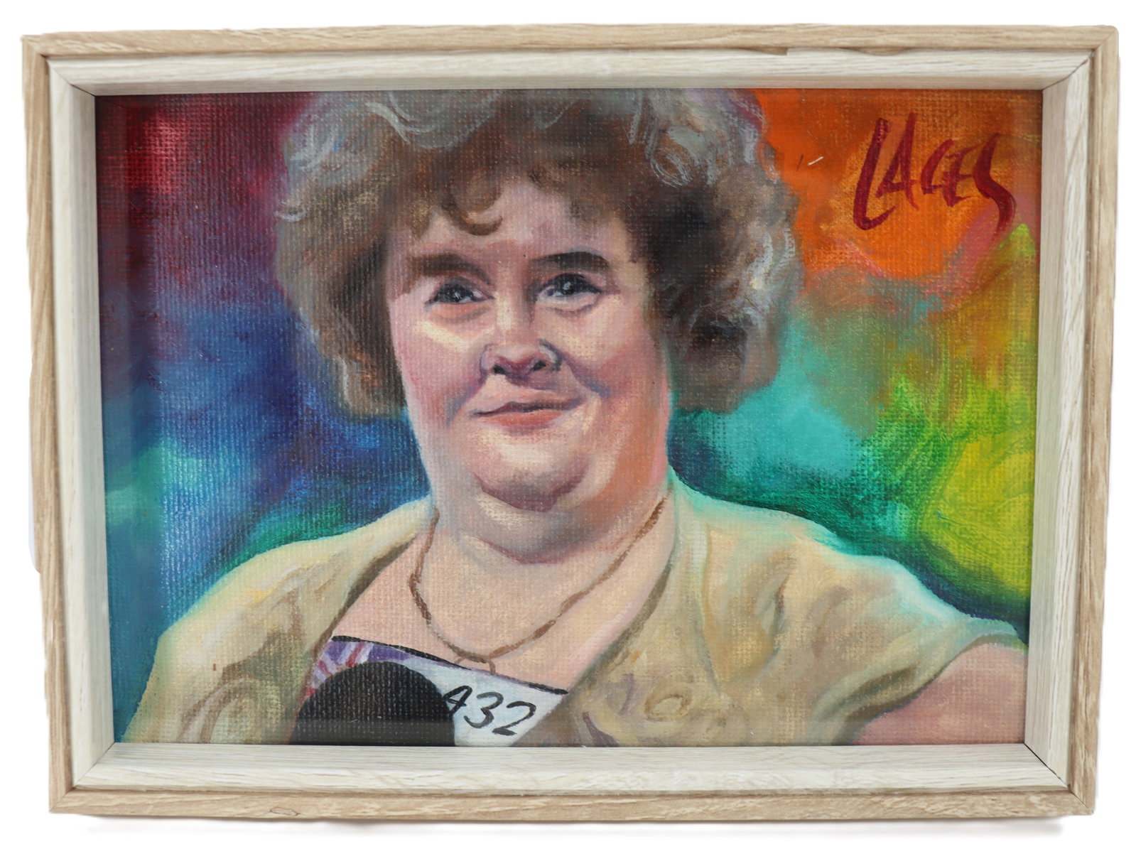 Dan Lacey (1960-2022) American, Oil on Board Portrait of Susan Boyle: Dan Lacey (1960-2022) American, Oil on Board Portrait of Susan Boyle. Oil painting portrait of the Britain's Got Talent 2009 contestant Susan Boyle, against a multicolored backdrop. Signed upper r