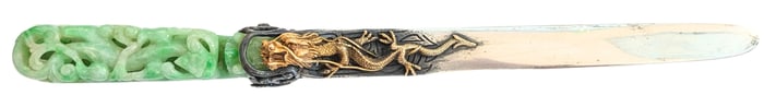 Imperial Green Apple Jade Buckle Made into Letter Opener with 14k Gold Imperial Dragon.