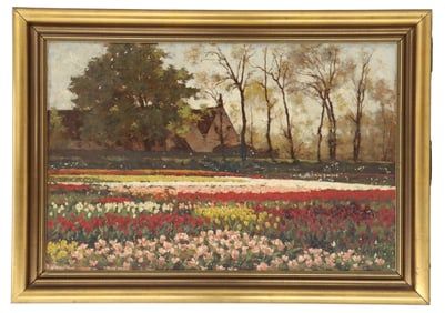 Antonie L. Koster (1859-1937) Dutch, Tulip Fields Landscape Oil on Canvas