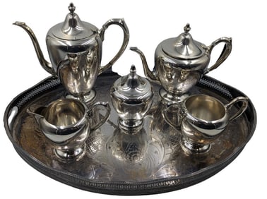 5 Piece American F.B. Rogers Sterling Silver Tea Set With Matching Plated Tray 54.8 Ozt