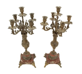 Pair of French 5 Candle Candelabras With Marble Base Gilt Bronze Legs