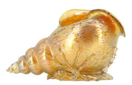 Austrian Loetz Amber Iridescent Art Glass Sea Shell Sculpture