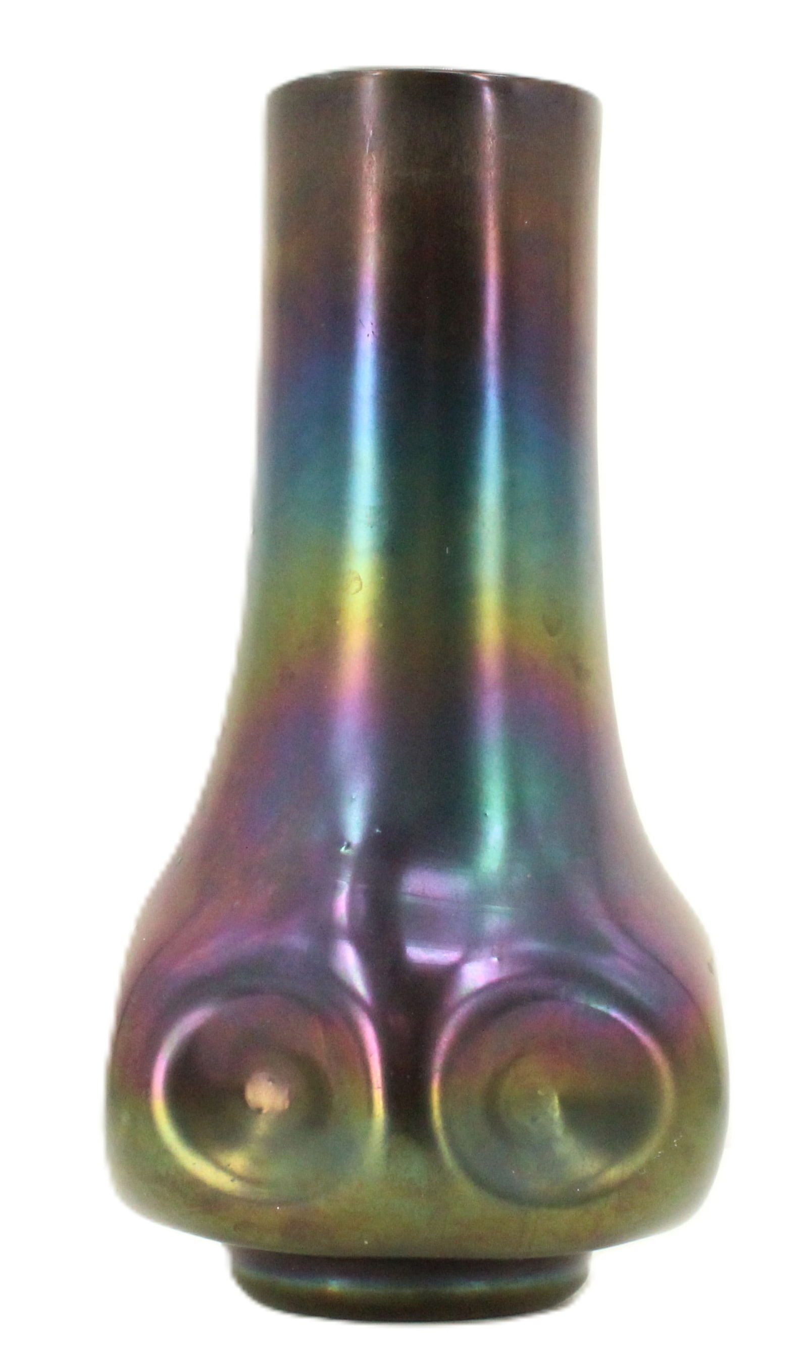 Attributed Loetz Iridescent Blue and Purple Art Vase: Attributed Loetz Iridescent Blue and Purple Art Vase. Tall thin art glass vase attributed to Loetz with iridescent surface finish and bulbous, standing on raised circular foot. Unmarked. Loetz was a r