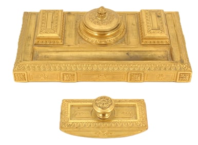 Tiffany and Co. Gilt Bronze Ink Well and Paperweight