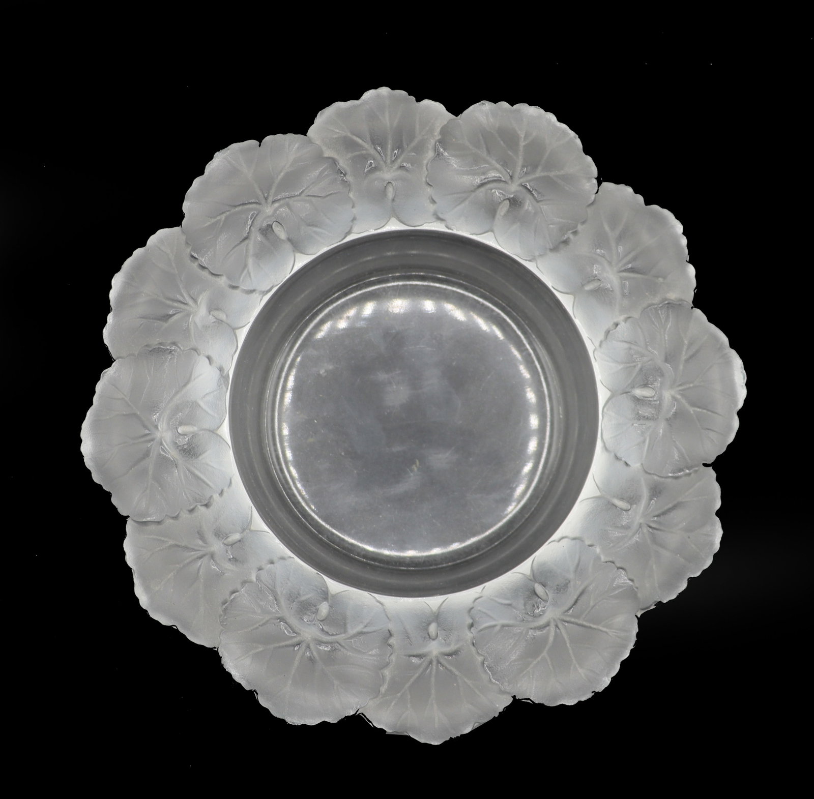 French Frosted Glass Lalique Honfleur Floral 8 Inch Glass Bowl: French Frosted Glass Lalique Honfleur Floral Glass Bowl. Etched Lalique France. Size: 8 3/4 x 2 1/4 in. #9062