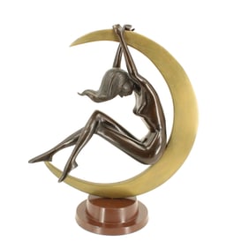 Art Nouveau Bronze Nude Female and Crescent Moon Sculpture