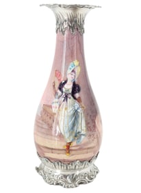 French Limoges Silver Enameled Vase Painted High Society Woman