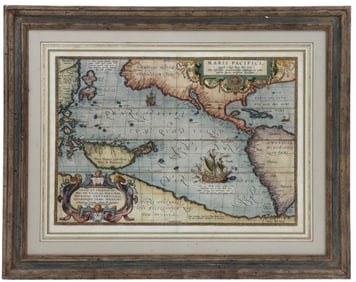 Antique Map, Abraham Ortelius (1598 - 1627) "Maris Pacifici" Hand Colored Engraved Map of the Pacifi