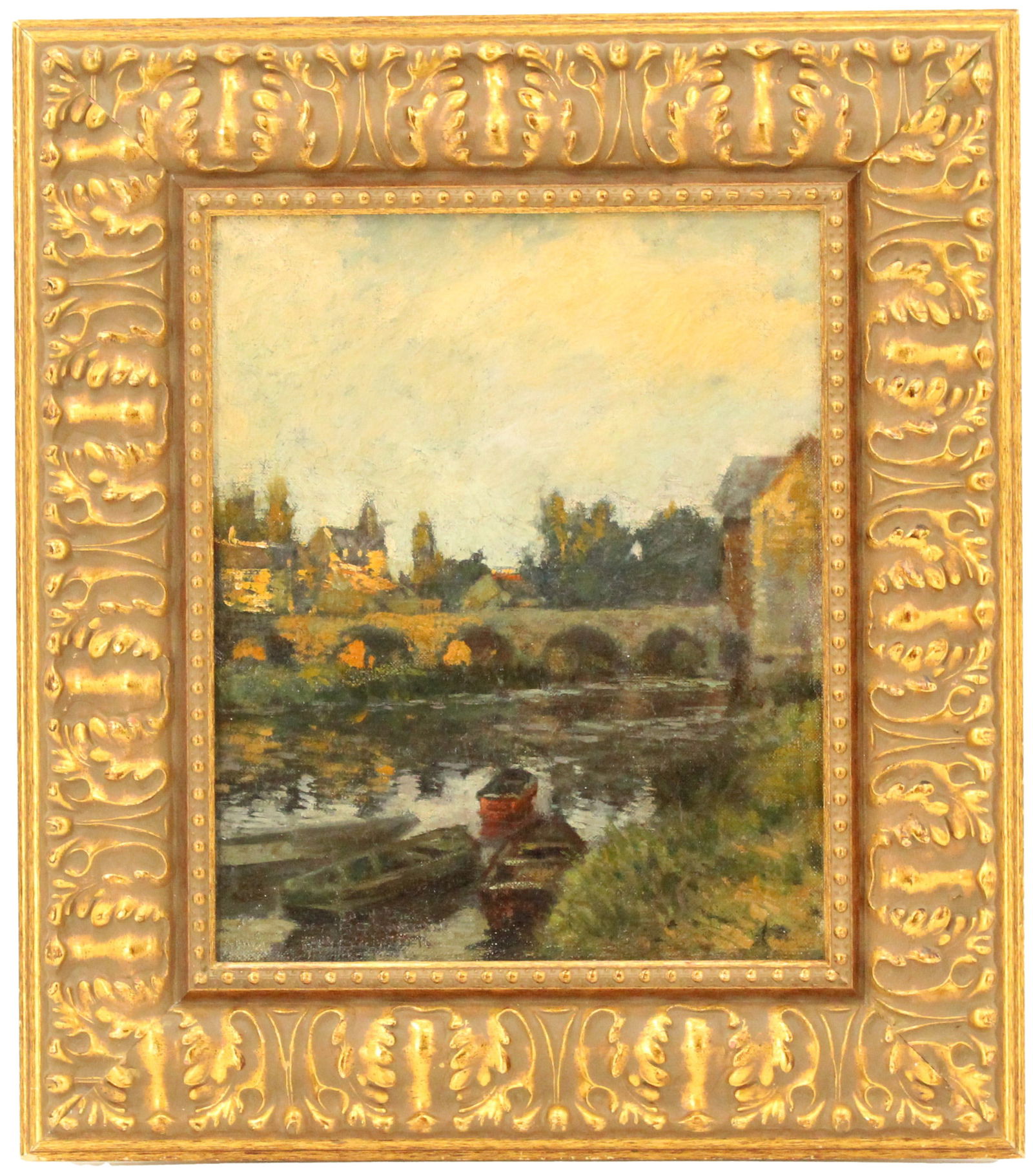 Paul Cornoyer (1864-1923) American, The Bridge at Saint Goustan Oil on Canvas: Paul Cornoyer (1864-1923) American, The Bridge at Saint Goustan Oil on Canvas. Signed lower left and inscribe "to my..." above the signature. Overall Size: 20 1/2 x 18 in. Sight&