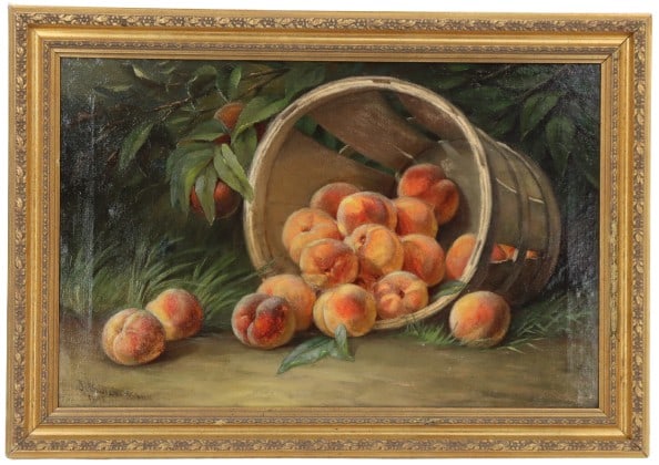 John Reed Dickinson (1844-1903) Peaches in a Basket Still Life Oil on Canvas Painting: John Reed Dickinson (1844-1903) Peaches in a Basket Still Life Oil on Canvas Painting. An immigrant to California in 1879, John Dickinson became noted for his landscapes, portraits, and hand-tint