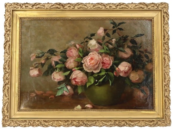 Anna Heald Hamilton (1842-1911) Still Life of Roses Oil on Canvas Painting: Anna Heald Hamilton (1842-1911) Still Life of Roses Oil on Canvas Painting. Signed lower right. Exhibition label on reverse. Exhibited 1897 at the Mechanics Institute, San Francisco, annual exposition