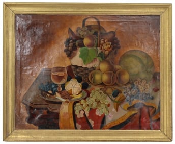 Antique American School Folk Art Oil on Canvas Still Life Painting with Fruit