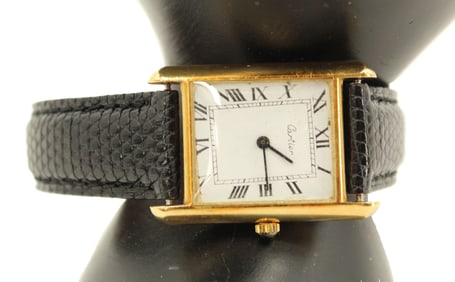 Vintage Faux Cartier 1960s Marked 18K Gold Wind Up Wristwatch with Lizard Band, AS IS