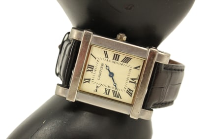 Faux Cartier Sterling Silver Wristwatch with Alligator Leather Band, AS IS